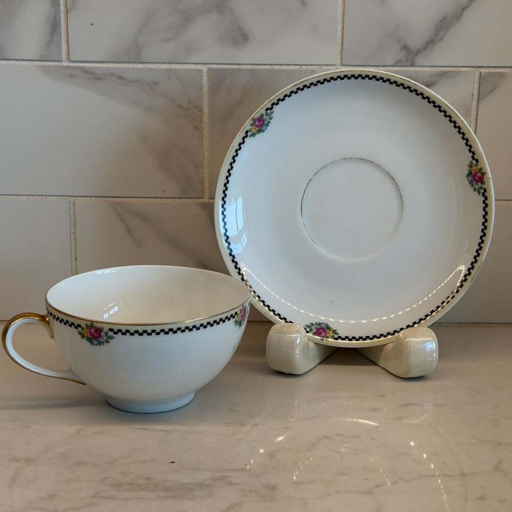 Vintage Thomas Bavaria Cup & Saucer White Black Checkers Floral Gold